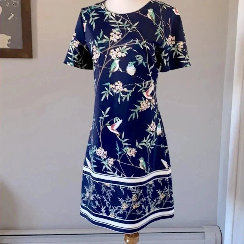 NY & Co Navy Blue Bird & Floral Sheath Dress Small 7th Ave